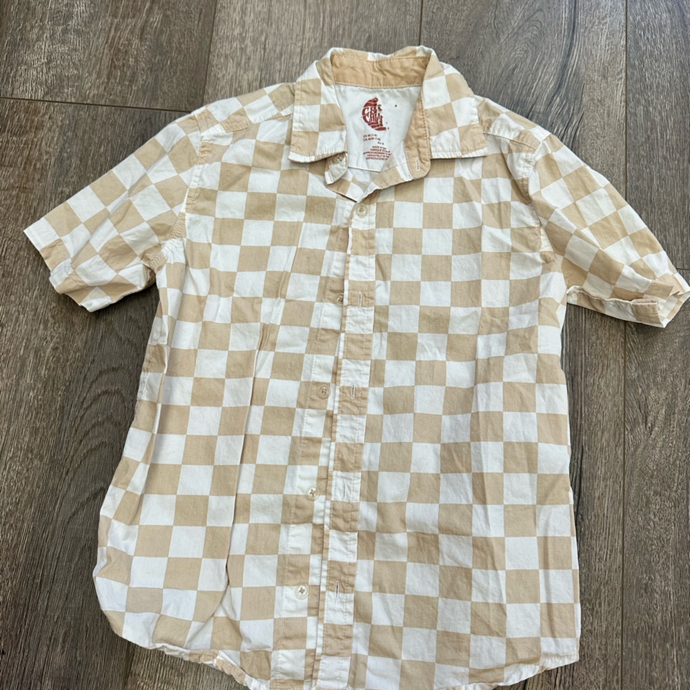 Checkered Beige and White Button-Up Shirt